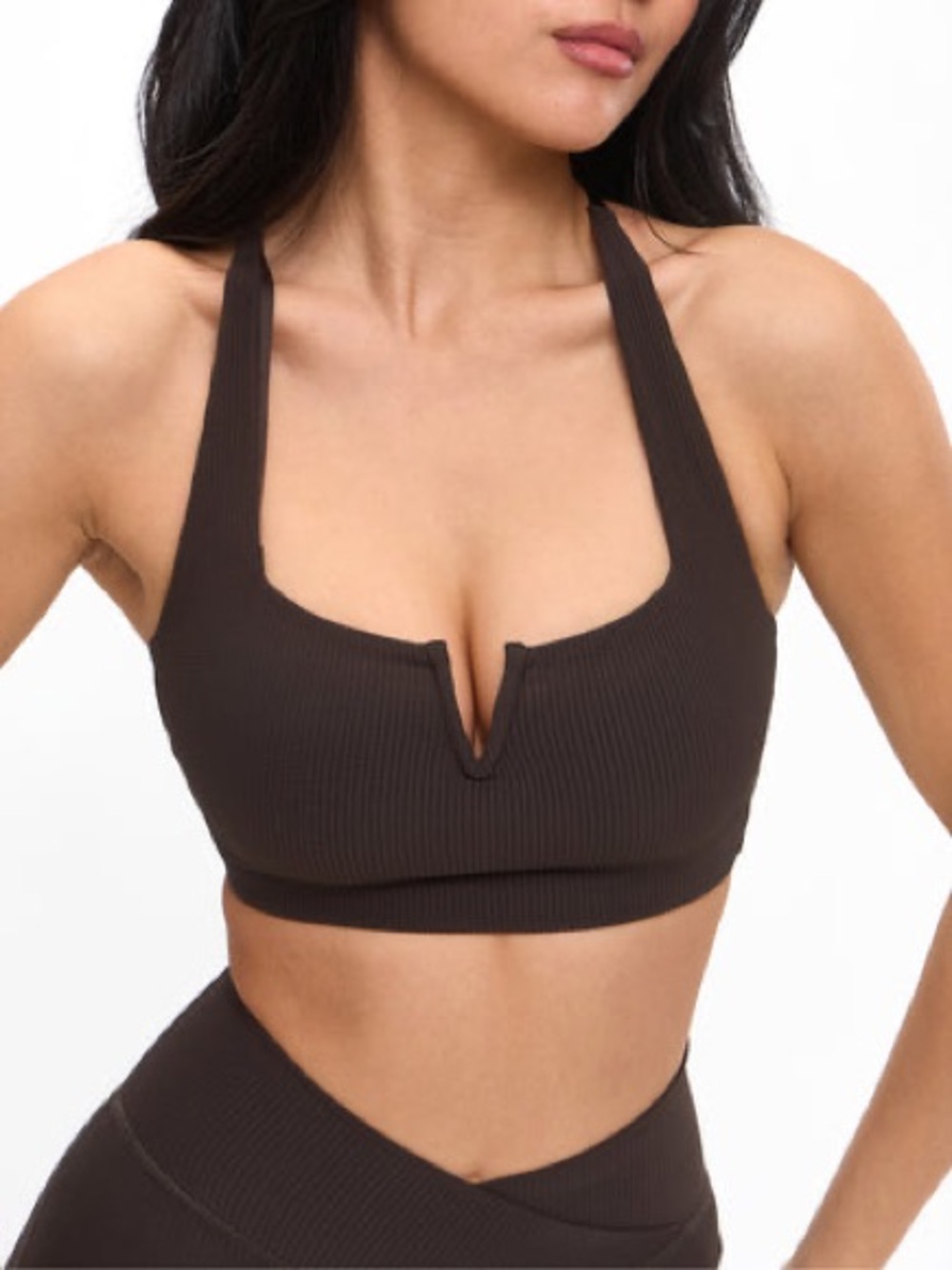 BuffBunny Ribbed V-Notch Sports bra - Chocolate Brown cold brew sz XL NWT